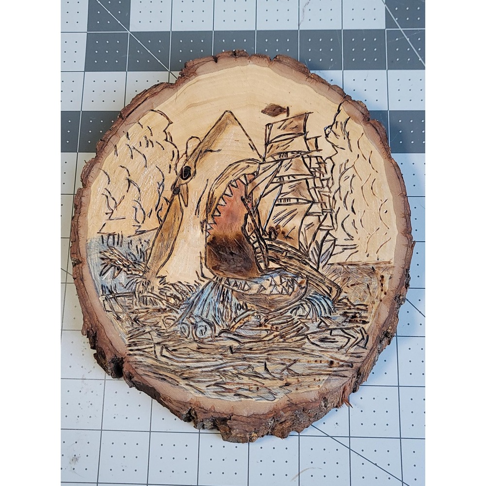 Vintage Shark Attack Disaster Wood Burnt Pyrography Picture Plaque Eating a Ship